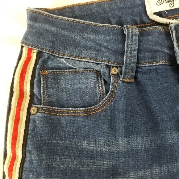 Indigo Rein Jeans Juniors 1 Mid Rise Ankle Distressed Stripe Accent Blue Denim - Picture 11 of 14